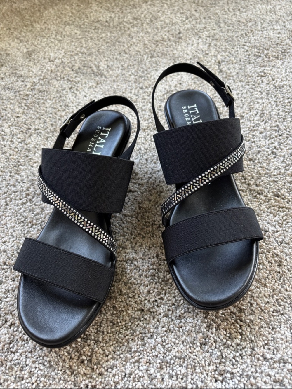 Italian Shoemakers Black Slingback Sandals with Rhinestone Accent 8M